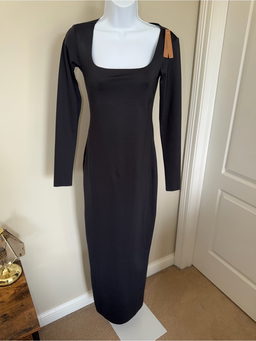NWT Skims Long Sleeve Maxi Dress Black Square Neck Bodycon Large